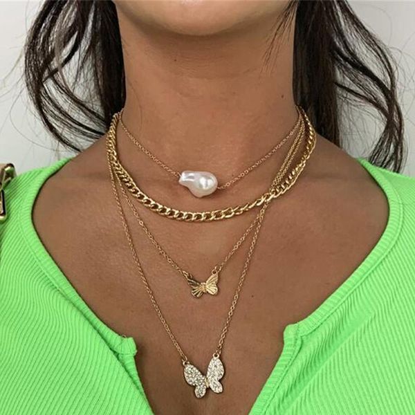 

diezi elegant baroque pearl chain necklace women double butterfly pendant statement beads necklace collier femme 2020 jewelry, Golden;silver