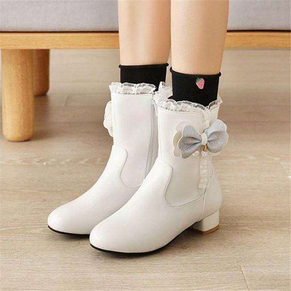 

pxelena plus size 34-43 princess lolita ankle boots butterfly-knot beads low heels bride wedding shoes autumn winter pink white, Black