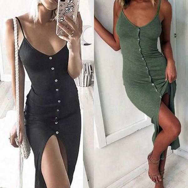 

summer fashion women solid spaghetti straps backless v-neck sleeveless slit button slim and fit strappy casual, Black;gray