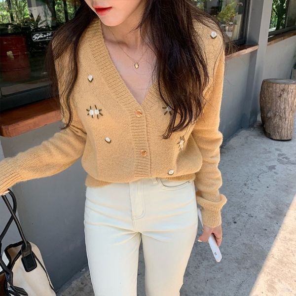 

south korea east gate early sweaterautumn new cardigan sweater women's korean flower short v-neck slim cardigan sweater eh23w, White;black