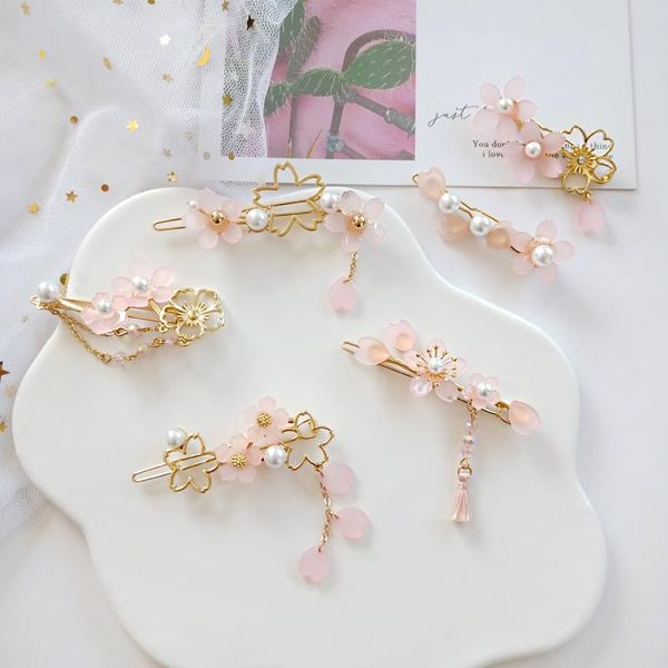 

hm025 japanese small fresh hair clip for women sweet pink cherry blossoms imitation pearl side clip, Golden;silver