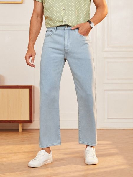 

men solid straight leg washed jeans e03u#, Blue