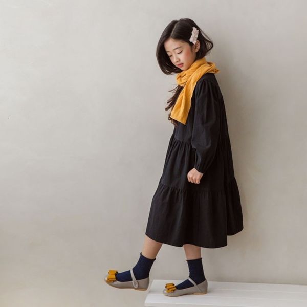 

solid 2020 miniroi korean children's drs autumn color long sve with large hem and a-line skirt xrwr, Red;yellow