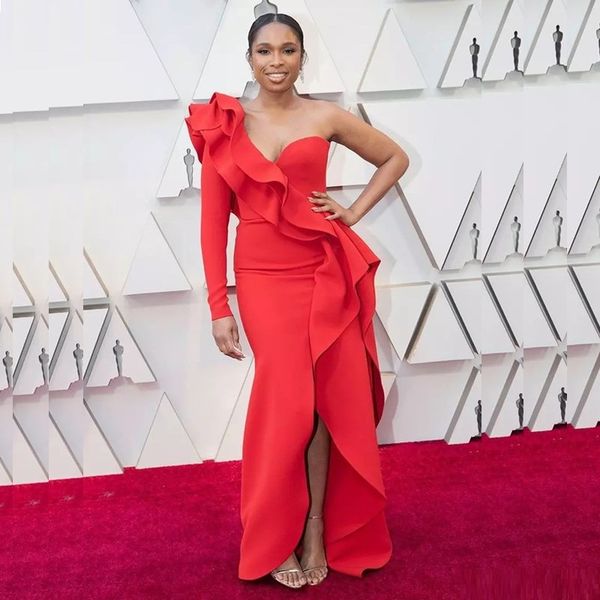 

unique red one shoulder long sleeves prom dresses south african evening gowns satin split ruffles women formal wear party dress, Black