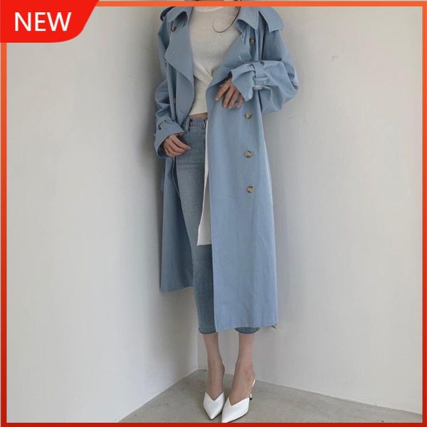 

long sleeve turn-down collar double breasted coat 2021 new autumn british style long over the knee windbreaker, Tan;black