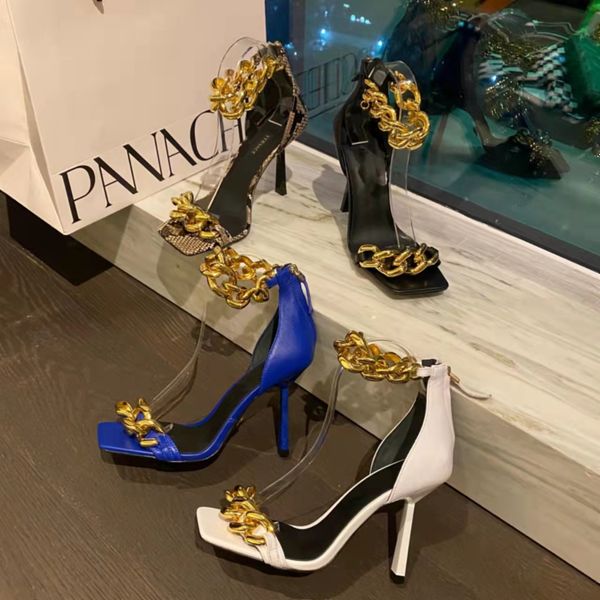 

2022 sandals fashion ins style summer gold metal chain open toe snake pattern high heels shoes, Black