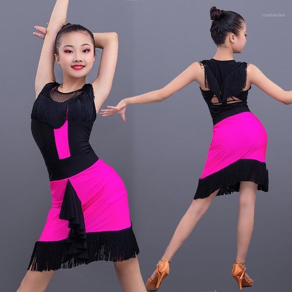 

new latin dance dress girls clothes dance performance suit children fringe skirt women rose red sleeveless latin dress 34721, Black;red