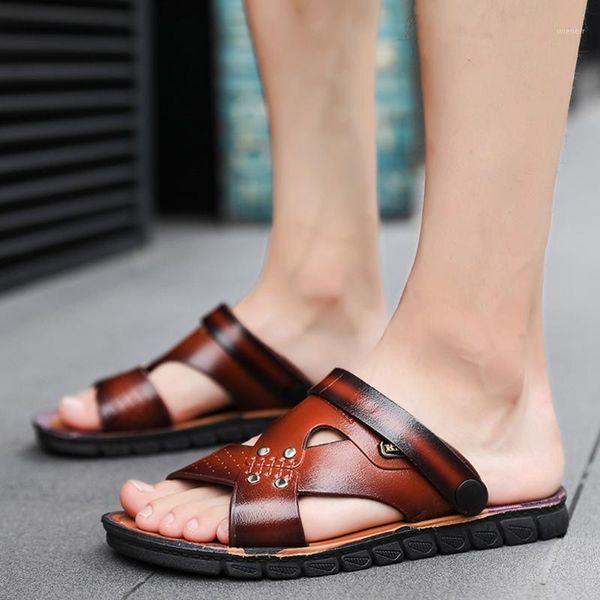 

men's summer sandals leather comfortable slip-on casual sandals fashion men slippers zapatillas hombre size june31, Black