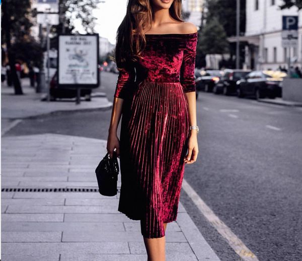 

2020 new design european fashion women's slash neck off shoulder three quarter sleeve velvet fabric high waist pleated long dress, Black;gray