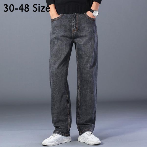 

brand men's loose jeans plus size 44 46 48 classic smoky grey high waist business straight casual denim pants male trousers, Blue