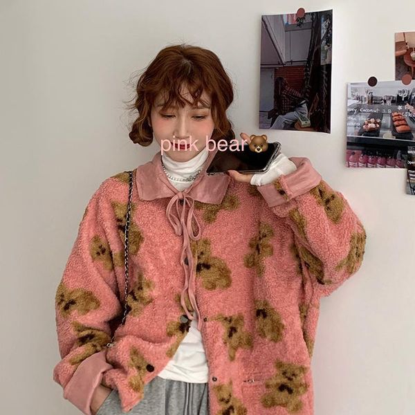 

winter cute bear pink warm coat for women thick fur soft girls over size long sleeve coat with pockets 2021 korean style, Tan;black
