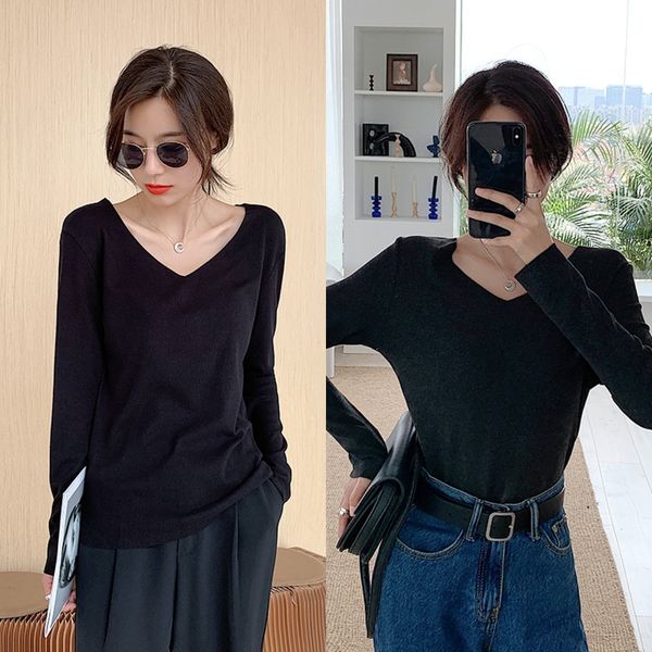 

yvjxm v-neck base coat for 2020 autumn winter slim new and collar with women fit coat low spring and autumn versatile knitted long sleeve, White
