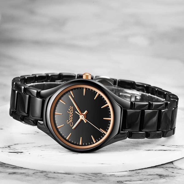 

sunkta fashion casual simple rose gold full black ceramic women watches waterproof quartz watch women girl dress bracelet clock, Slivery;brown
