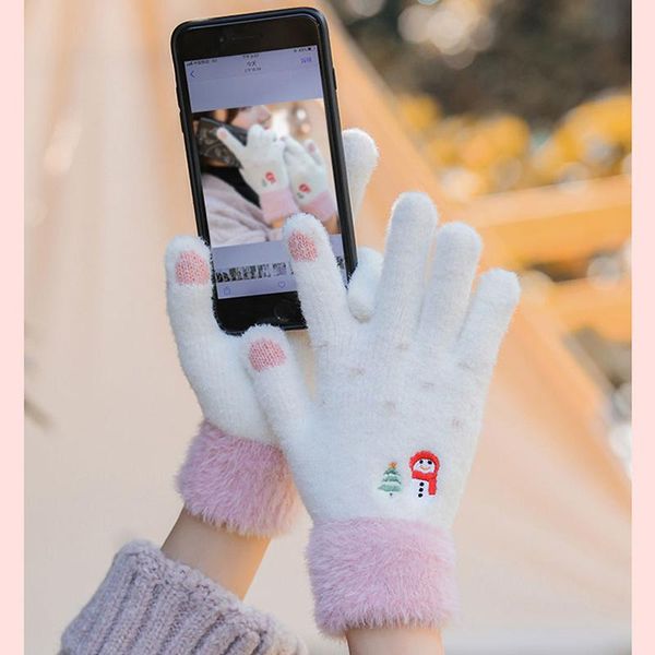 

five fingers gloves foux women winter knit hand snow plush warming ladies embroidery cartoon touch screen smartphone cold fashion 2021, Blue;gray