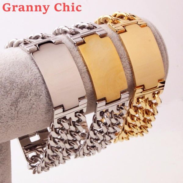 

granny chic high polished silver gold color 316l stainless steel men's cuban curb link chain smooth id bracelet huge jewelry, Black