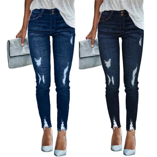 

jaycosin women mid waisted skinny hole denim jeans stretch slim pants calf length jeans women's casual button pencil pants1, Blue