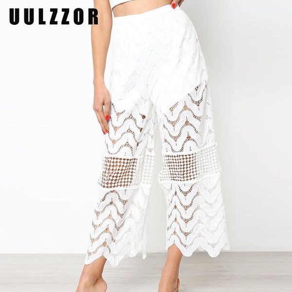 

uulzzor women high waist hollow out lace sheer pants summer beach loose flare long romper trousers new solid lace pants1, Black;white