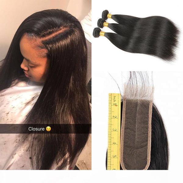

8a cuticle aligned hair 3 bundles with 2x6 middle part swiss lace closure straight brazilian human hair weaves extension natural color, Black