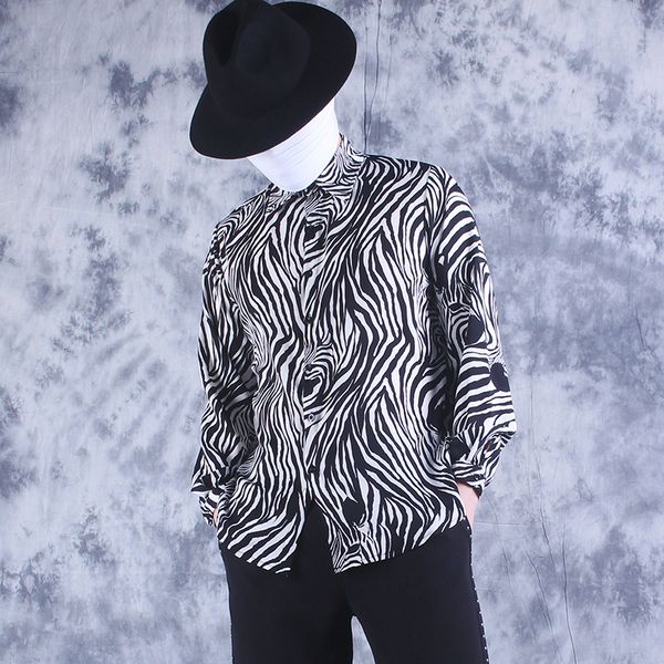 

2021 new spring/summer popular soon thin long-sleeve of men with retro-zebra-print personalities loosens shirt nightclub from modern. 8jdx, Black