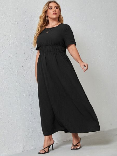 

plus solid ruched waist a-line dress j9ac#, Black