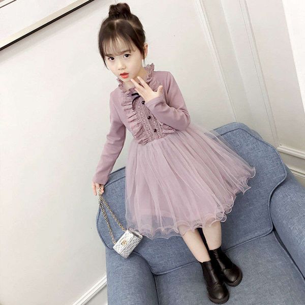 

chine girls' new autumn big drs korean sle little girl long short sve net red children's princs skirt, Red;yellow