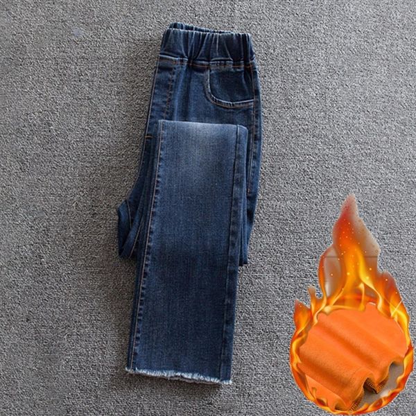 

large winter clothes plus velvet stretch horn pants fertilizer size fat mm denim women's nine jeans 1325#, Blue