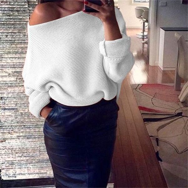 

2019 fashion beautiful off shoulder women sweaters ladies jumper slash neck long sleeve pullover loose casual knitwear, White