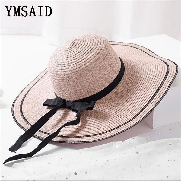 

ymsaid женской 2020 new sun hat black bow летние шляпы для женщин складной стро бич панамы hat visor отпуска широкого брим femme, Blue;gray