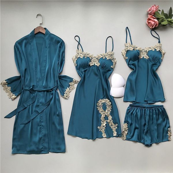 

spring silk lace applique women pajamas 4 piece spaghetti strap pyjamas with chest pads summer sleepwear, Black;white