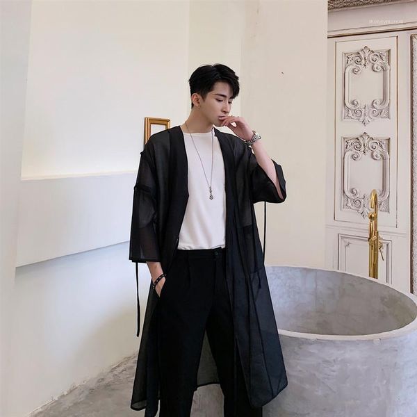 

men's casual shirts men translucent mesh trench coat male japan streetwear punk gothic hip hop long cardigan jacket stage clothing1, White;black
