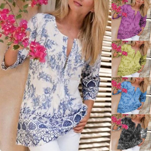 

women blouses 2020 flower print fashion blouse shirts v-neck 3/4 sleeve casual female solid casual shirt plus size 5xl, White