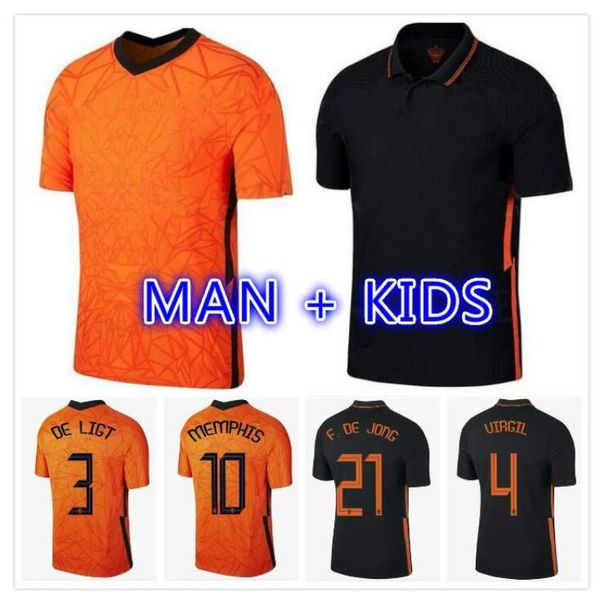 

2020 van dijk de ligt mens kids soccer jerseys netherlands national team de jong memphis promes strootman home away football shirt, Black;yellow