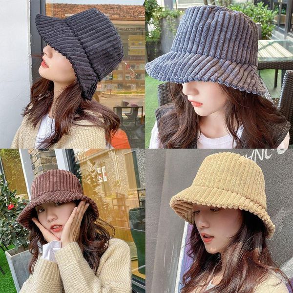 

womens winter velvet vintage bucket hat solid color chunky ribbed fisherman cap 2xpd, Blue;gray