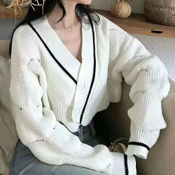 

vintage striped loose knitted cropped cardigan sweater women autumn winter long sleeve v neck oversized ladies jumpers 20201, White