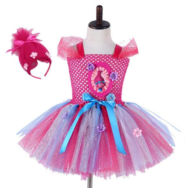 

fancy girls trolls poppy costume for teen poppy troll pattern knee length dress sparkle halloween christmas tutu dress vestido, Red;yellow