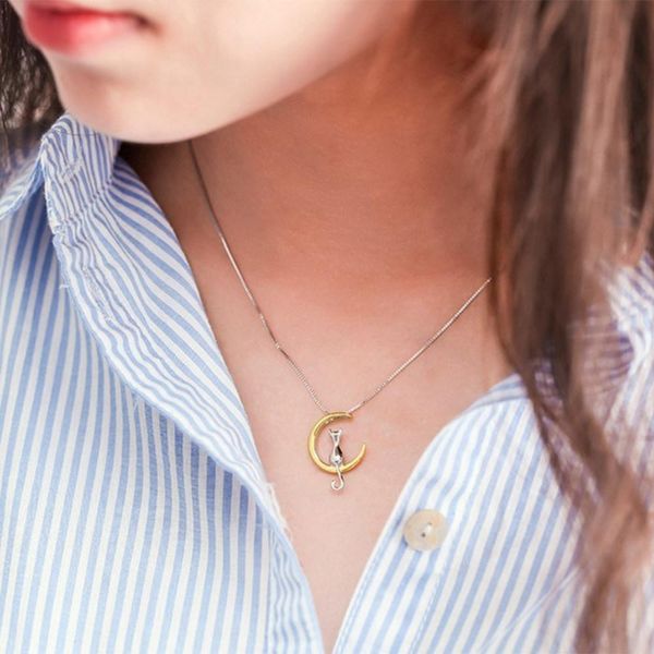 

fashion cute animal cat moon pendant necklace charm gold silver color box chain necklace kitten pet lucky jewelry for women gift bbyygv, Black