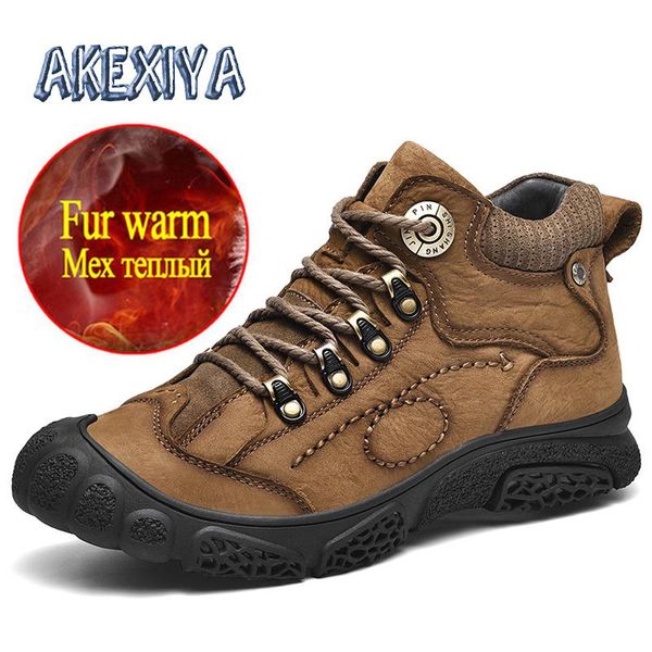 

fashion men's boots genuine leather men's winter boots plush warm snow wear-resistant outdoor non-slip leather, Black