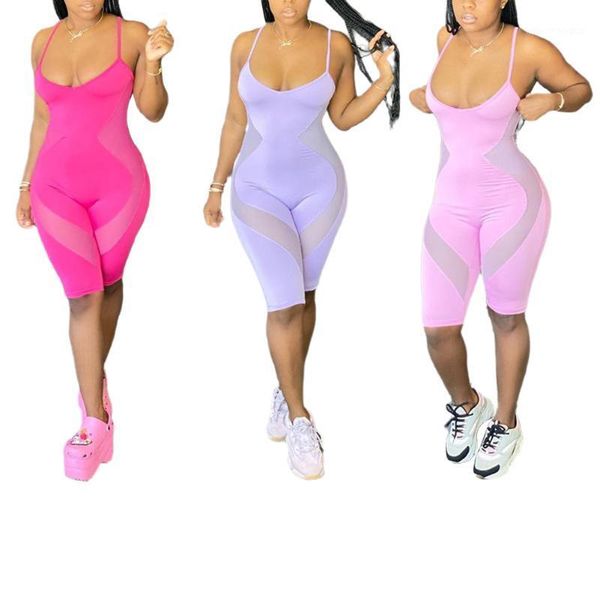 

skinny spaghetti strap sleeveless mesh contrast streetwear woman rompers bodycon bar club bodysuit crop jumpsuits femme clothes1, Black;white