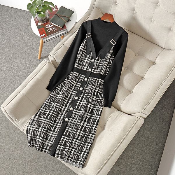 

2020 Fall Long Sleeve Round Neck Knitted Top + Spaghetti Strap Houndstooth Panelled Single-Breasted Dress Two Piece 2 Pieces Set NN182011168, White