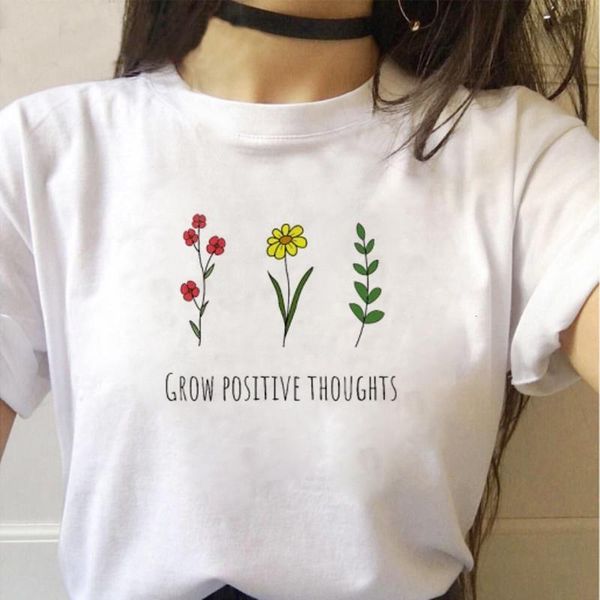 

grow positive thoughts women t-shirt summer flowers clothes bees lover gift tee aesthetic save plants vintage tee, White