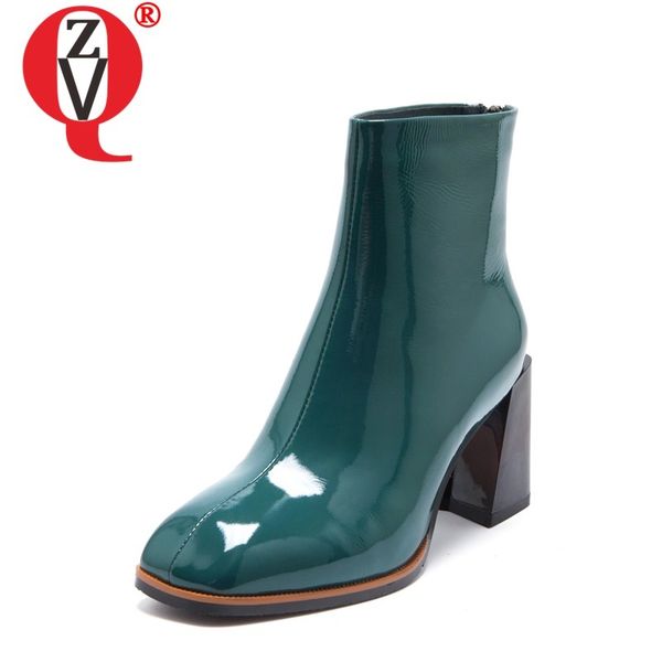

zvq women fashion ankle boots 2020 winter new style ladies square toe high heels back zipper patent leather winter booties lady y1221, Black