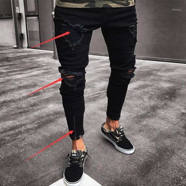 

men hole jeans black stretch ripped retro black washed casual denim distressed vintage fake zippers, Blue