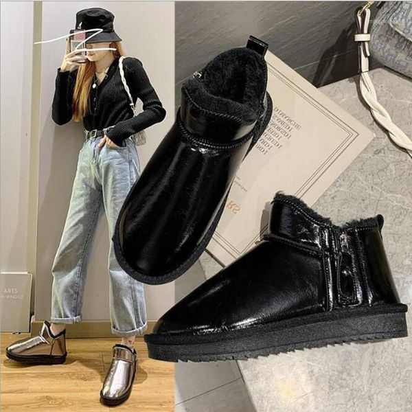 

boots 2021 warm snow women bright leather waterproof short-tube cotton shoes fashion zipper gun gray winter boots1, Black