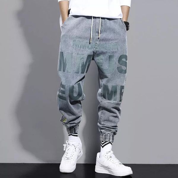 

men fashion high street jeans casual harem pants letter print light blue sweatpants trousers drawstring homens jeans denim pants