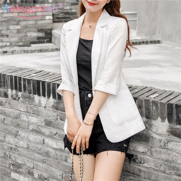 

aelegantmis slim fit casual work office business blazers women fashion 3/4 sleeve summer jacket linen cotton blazers white 201201, White;black