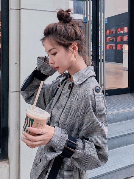 

fashion new ladies plaid short trench coat for women double breasted with belt female trenchcoat spring autumn outerwear quality1, Tan;black