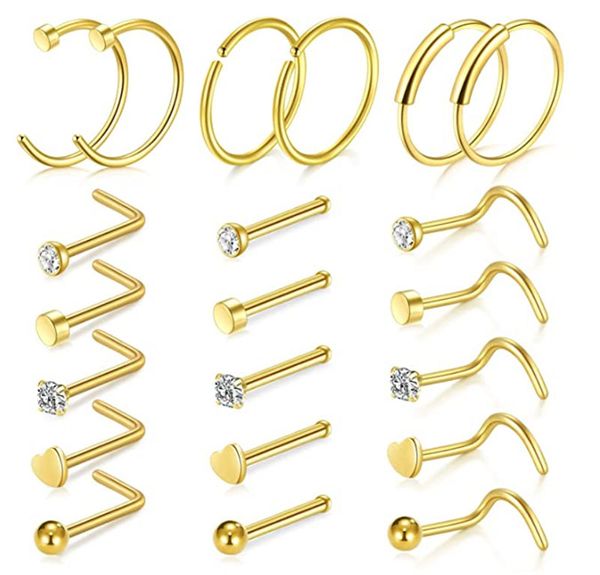 21pcs/Set Hoop Nasenring Set Titangold Silber schwarzer Nasenringe Körperschmuck LIP Edelstahl Piercing Stick Bar für Männer Frauen Anti -Allergie hohe Qualität