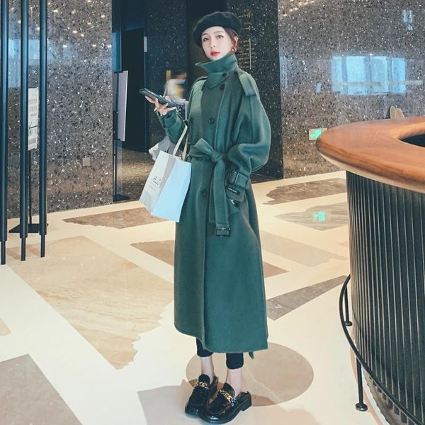 

women's wool & blends korean style winter women blend coat long double-breasted with belt lady overcoat oversize female outerwear cloth, Black
