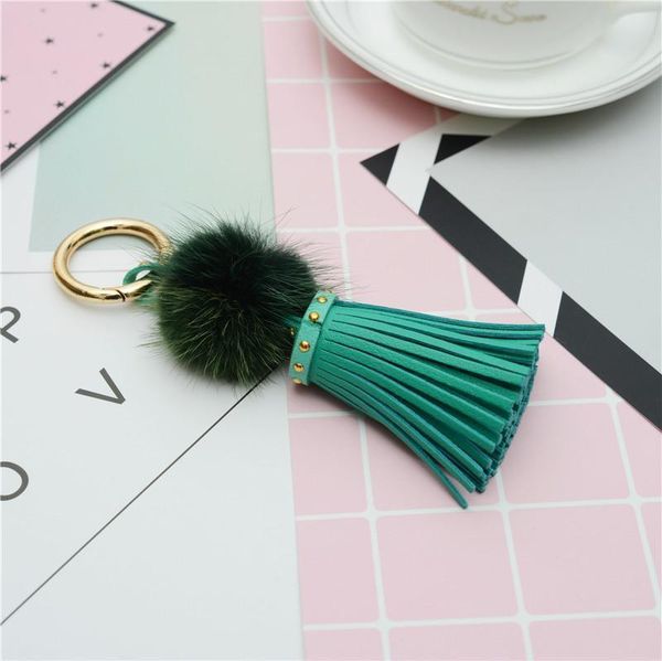 

real mink fur ball key chain with pu leather tassels for women bag key ring holder jewelry pendant neh812 h bbylpr