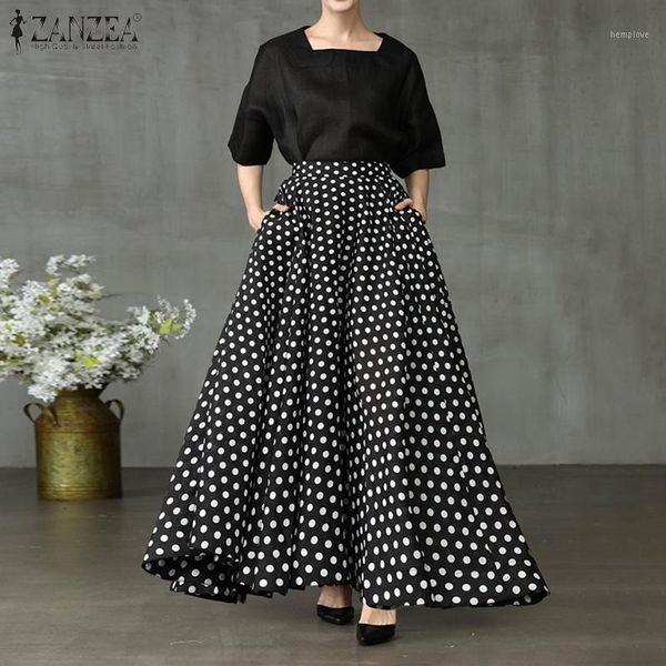 

2020 zanzea women's skirt bohemian polka dot print faldas casual back zipper up pockets long maxi skirts jupe femme plus size1, Black